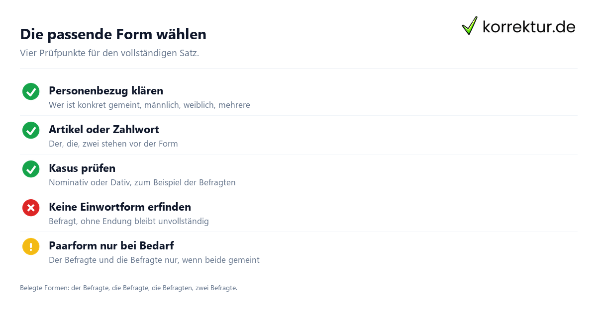 Die passende Form wählen Befragter und Befragte im Satz: Prüfkriterien für die richtige Form
