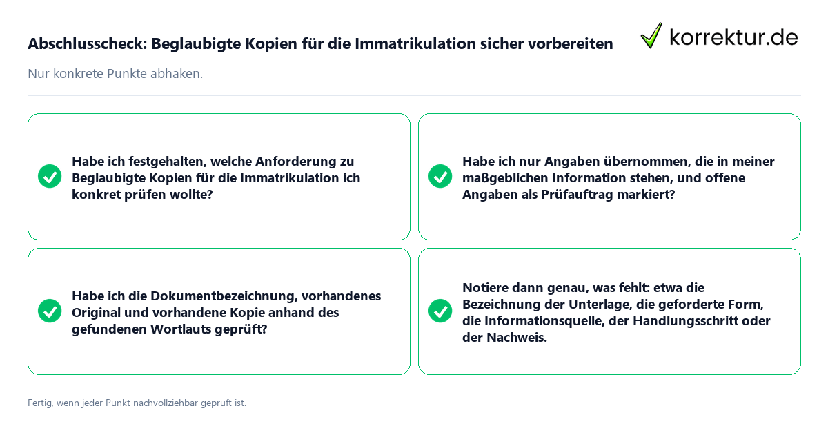 Konkreter Abschlusscheck zu Beglaubigte Kopien für die Immatrikulation sicher vorbereiten