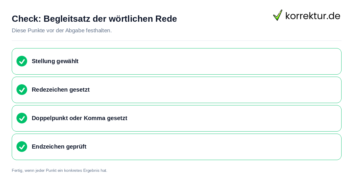 Check: Begleitsatz der wörtlichen Rede Begleitsatz der wörtlichen Rede: Prüfliste mit vier Punkten