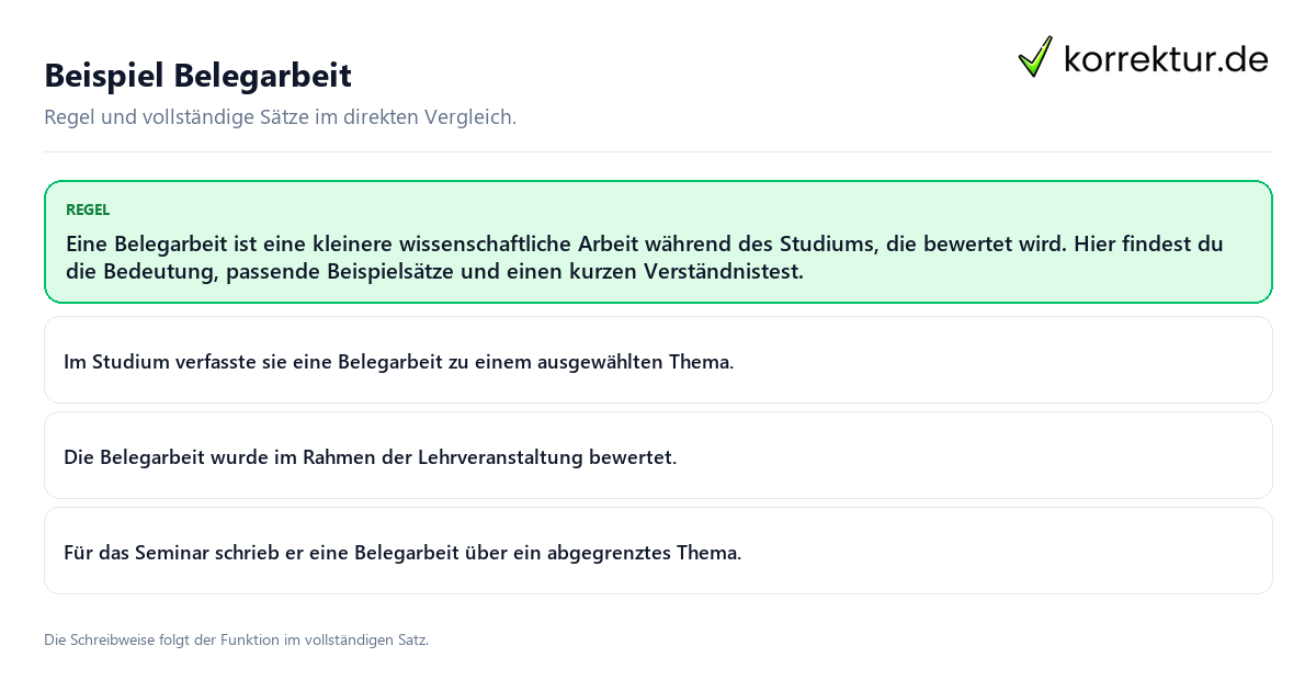 Konkrete Regel und vollständige Beispielsätze zu Beispiel Belegarbeit