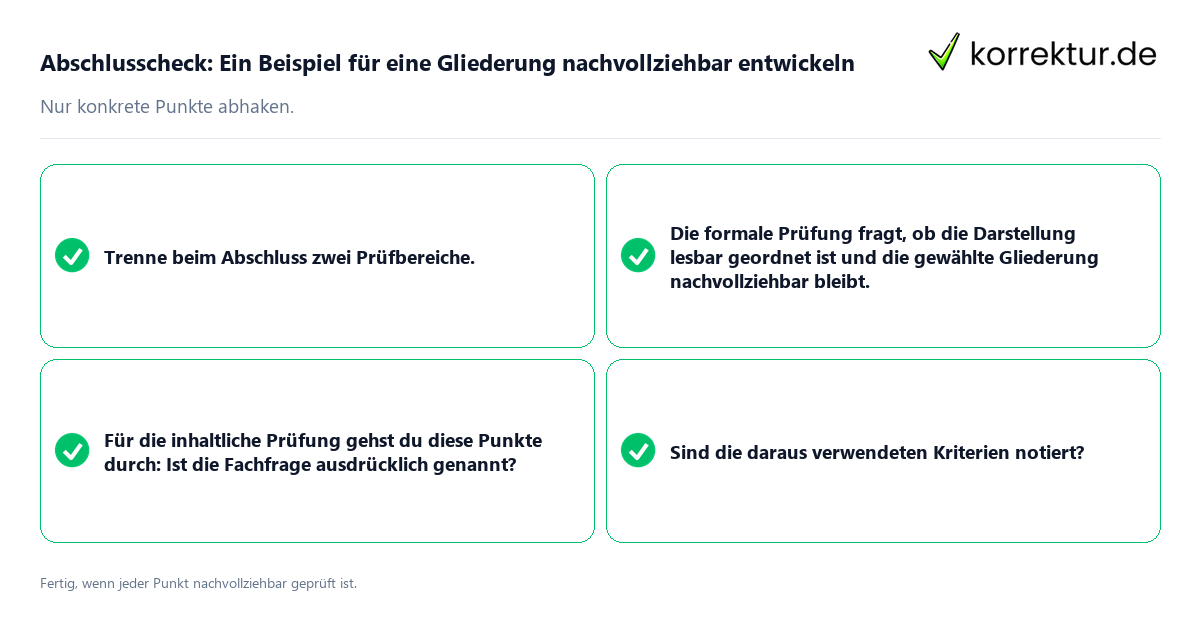 Konkreter Abschlusscheck zu Ein Beispiel für eine Gliederung nachvollziehbar entwickeln
