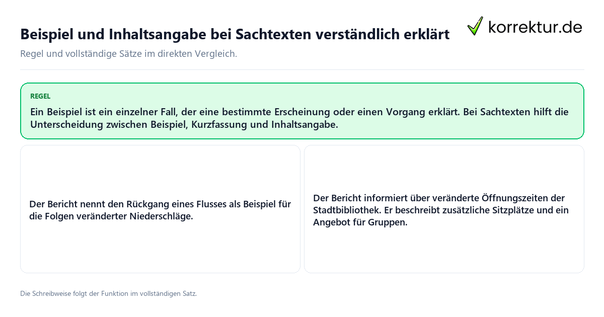 Konkrete Regel und vollständige Beispielsätze zu Beispiel und Inhaltsangabe bei Sachtexten verständlich erklärt