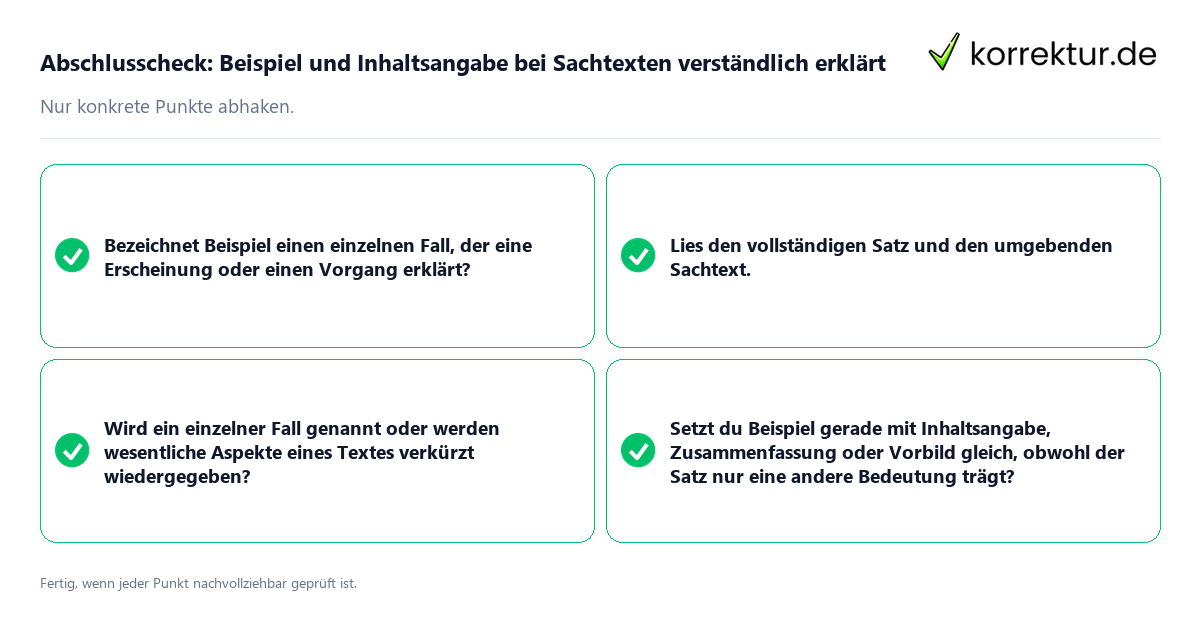 Konkreter Abschlusscheck zu Beispiel und Inhaltsangabe bei Sachtexten verständlich erklärt