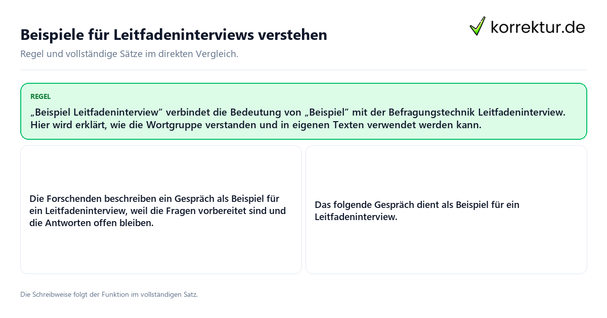 Konkrete Regel und vollständige Beispielsätze zu Beispiele für Leitfadeninterviews verstehen