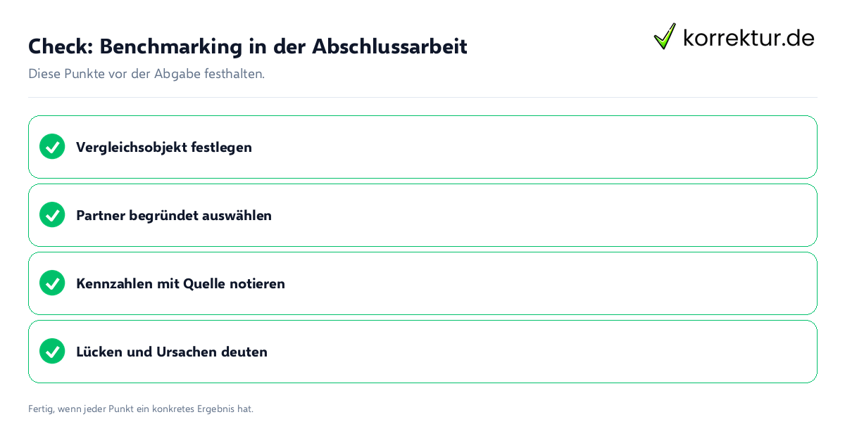 Check: Benchmarking in der Abschlussarbeit Benchmarking in der Abschlussarbeit: Prüfliste mit vier Punkten