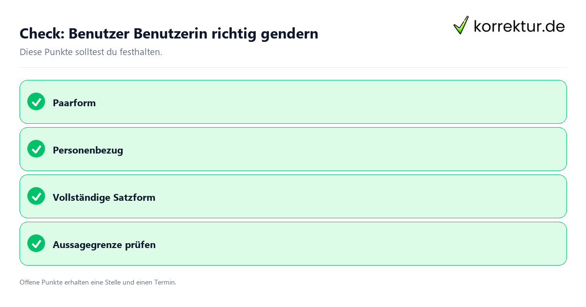Benutzer Benutzerin richtig gendern mit Checkliste für Unterlagen und nächste Schritte