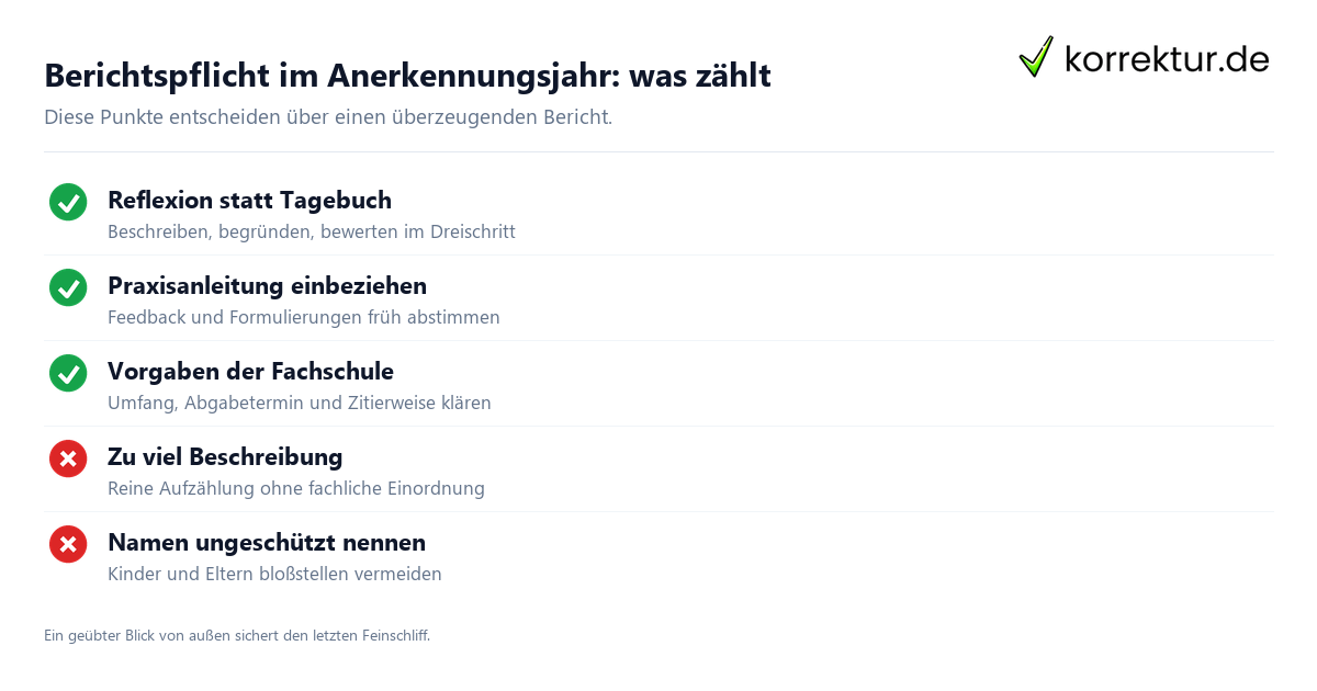 Berichtspflicht im Anerkennungsjahr: was zählt Checkliste typische Fehler im Anerkennungsjahr Bericht vermeiden