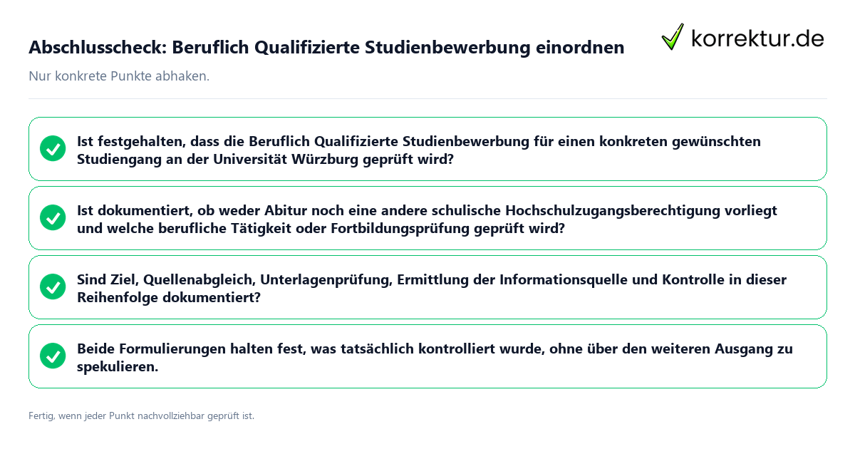 Konkreter Abschlusscheck zu Beruflich Qualifizierte Studienbewerbung einordnen