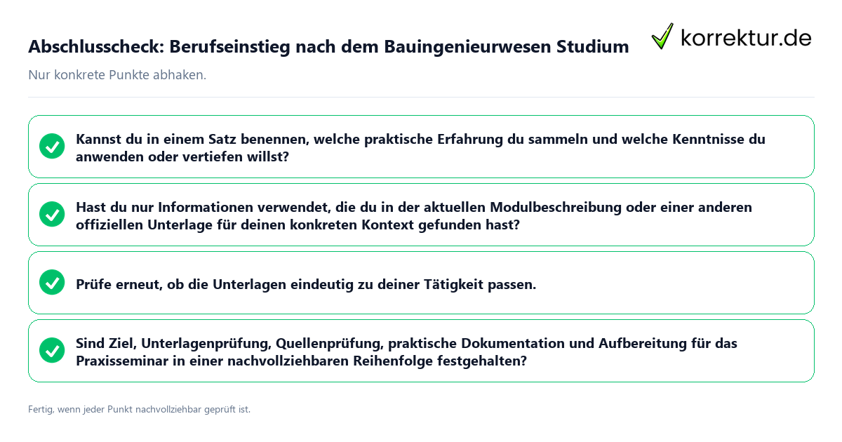 Konkreter Abschlusscheck zu Berufseinstieg nach dem Bauingenieurwesen Studium
