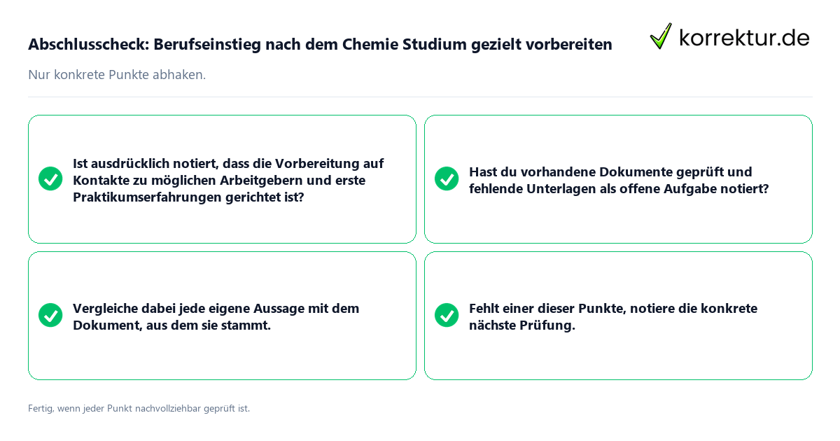 Konkreter Abschlusscheck zu Berufseinstieg nach dem Chemie Studium gezielt vorbereiten