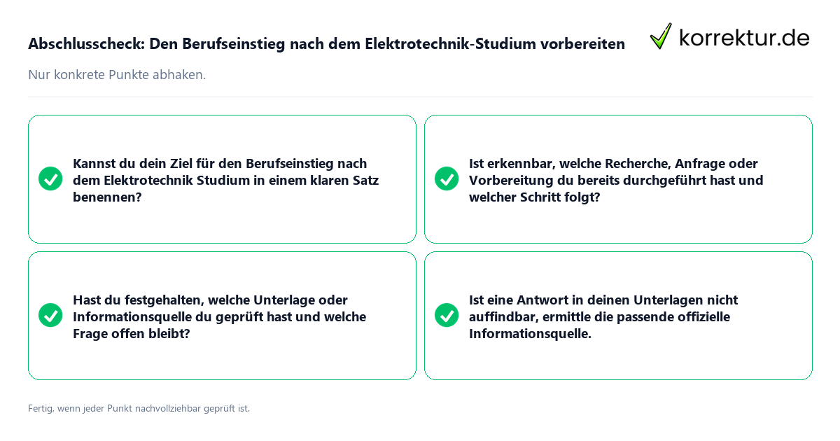 Konkreter Abschlusscheck zu Den Berufseinstieg nach dem Elektrotechnik-Studium vorbereiten