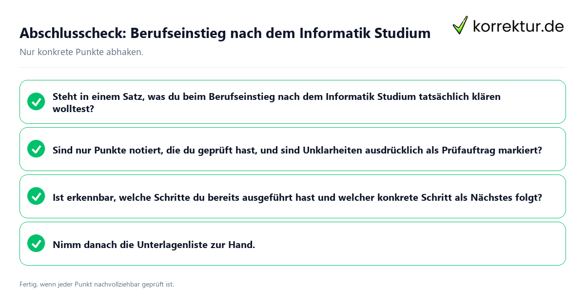 Konkreter Abschlusscheck zu Berufseinstieg nach dem Informatik Studium
