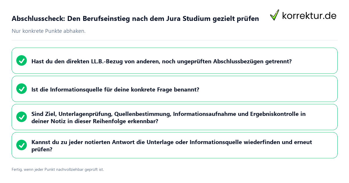 Konkreter Abschlusscheck zu Den Berufseinstieg nach dem Jura Studium gezielt prüfen
