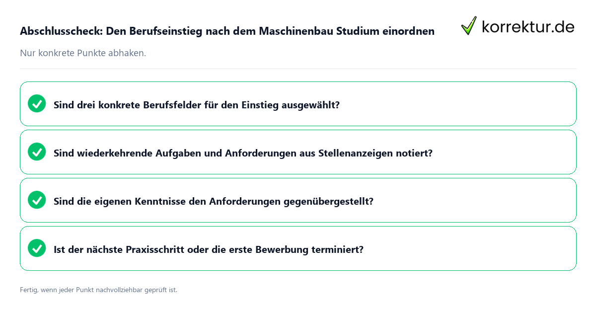 Abschlusscheck: Den Berufseinstieg nach dem Maschinenbau Studium einordnen Konkreter Abschlusscheck zu Den Berufseinstieg nach dem Maschinenbau Studium einordnen