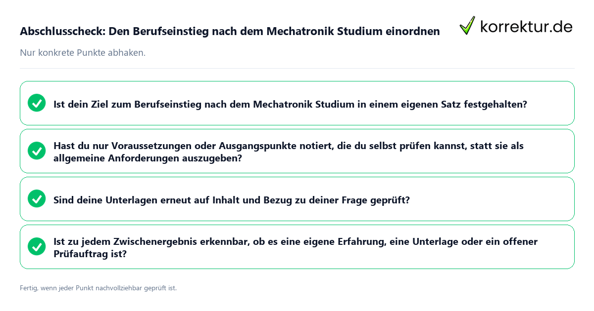 Konkreter Abschlusscheck zu Den Berufseinstieg nach dem Mechatronik Studium einordnen