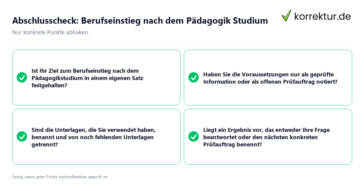 Konkreter Abschlusscheck zu Berufseinstieg nach dem Pädagogik Studium