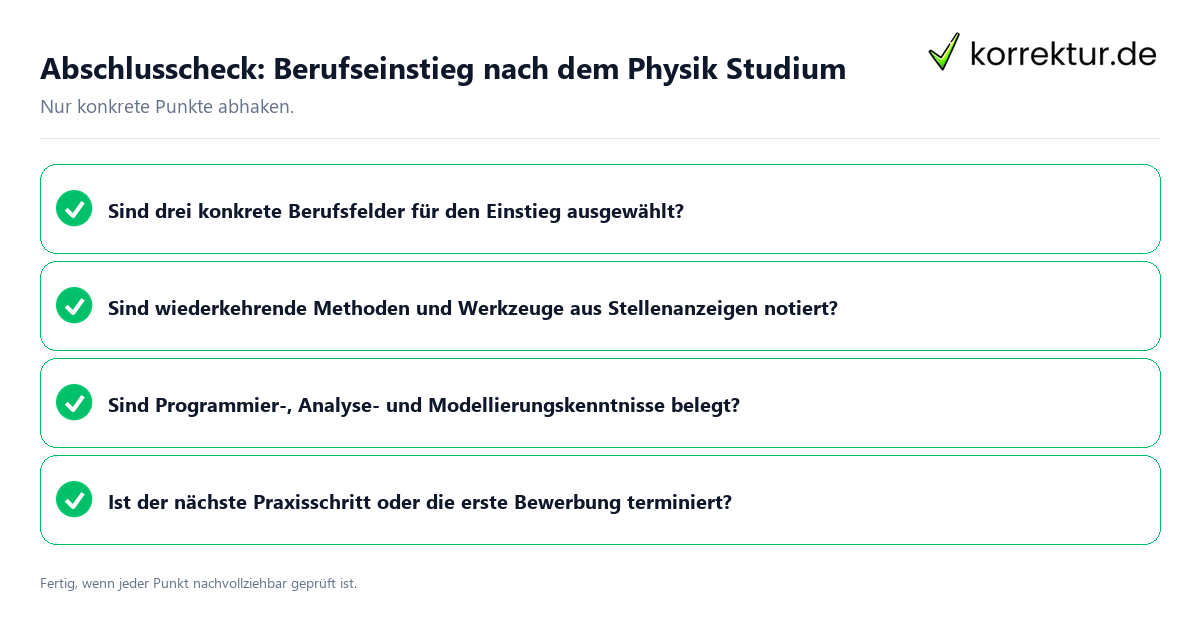 Abschlusscheck: Berufseinstieg nach dem Physik Studium Konkreter Abschlusscheck zu Berufseinstieg nach dem Physik Studium