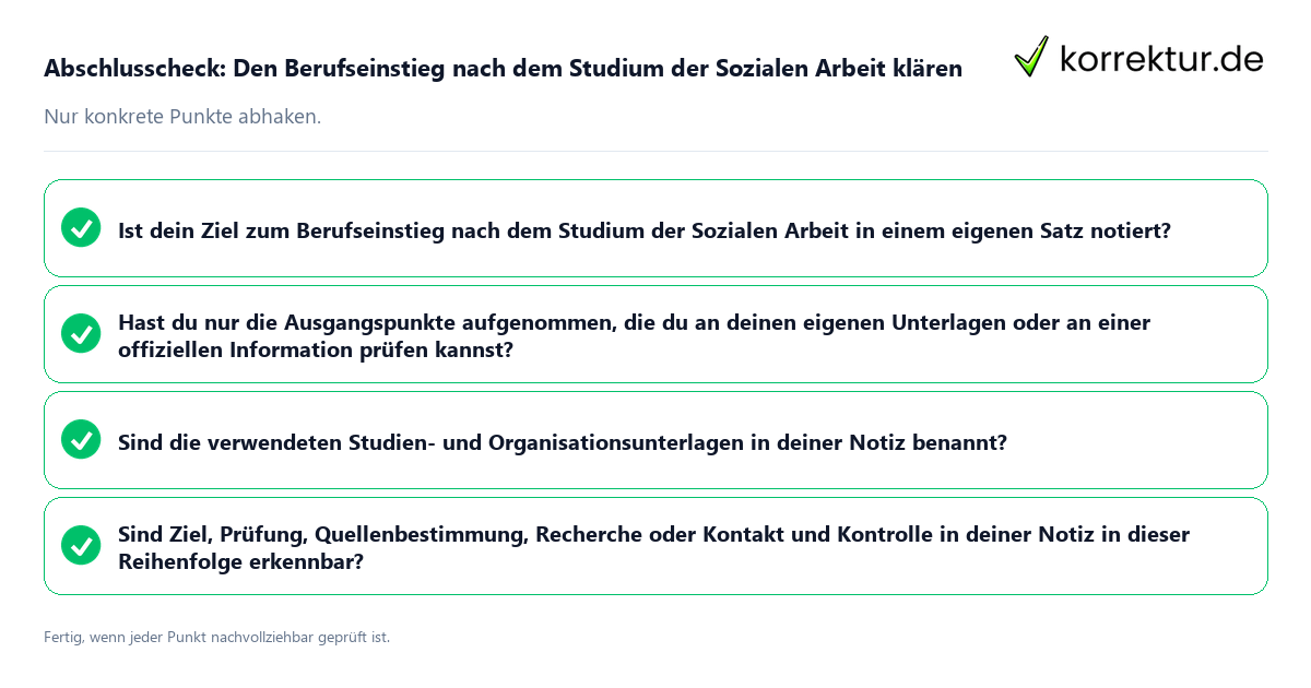 Konkreter Abschlusscheck zu Den Berufseinstieg nach dem Studium der Sozialen Arbeit klären