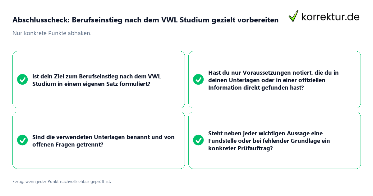 Konkreter Abschlusscheck zu Berufseinstieg nach dem VWL Studium gezielt vorbereiten