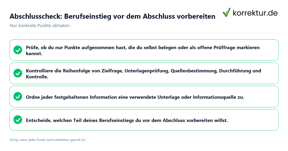 Konkreter Abschlusscheck zu Berufseinstieg vor dem Abschluss vorbereiten