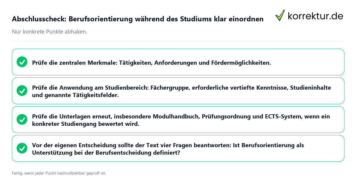 Konkreter Abschlusscheck zu Berufsorientierung während des Studiums klar einordnen