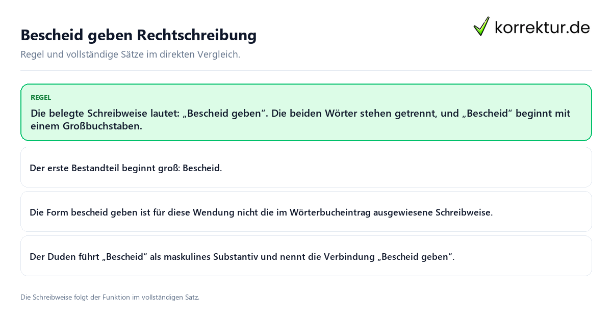 Konkrete Regel und vollständige Beispielsätze zu Bescheid geben Rechtschreibung