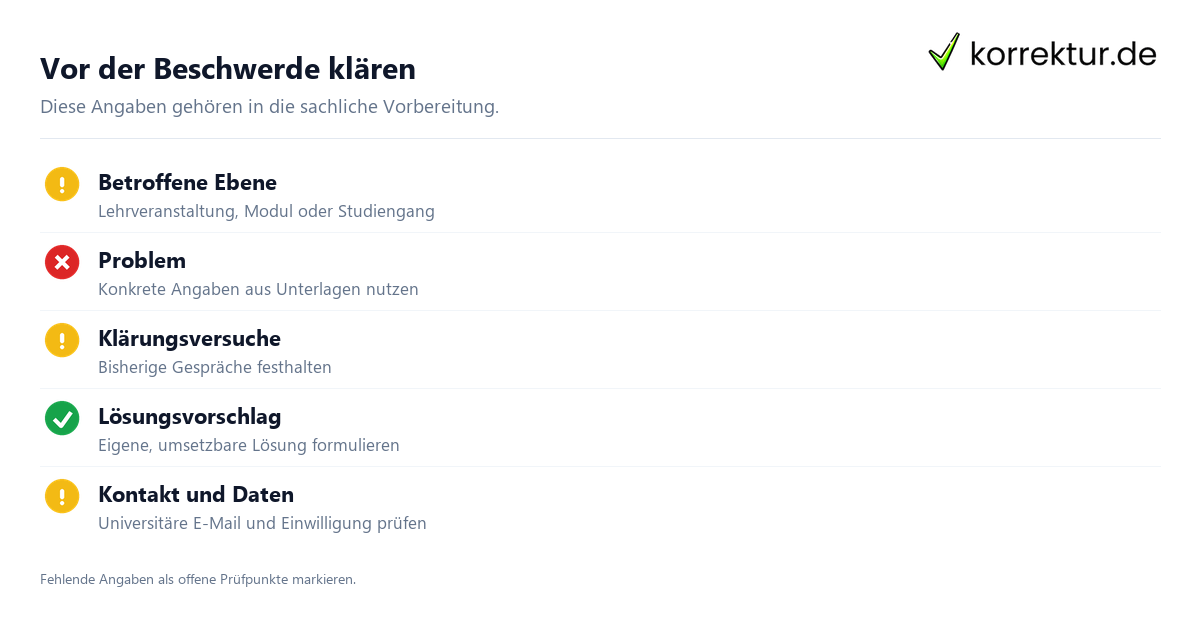 Vor der Beschwerde klären Beschwerde über eine Lehrveranstaltung vorbereiten