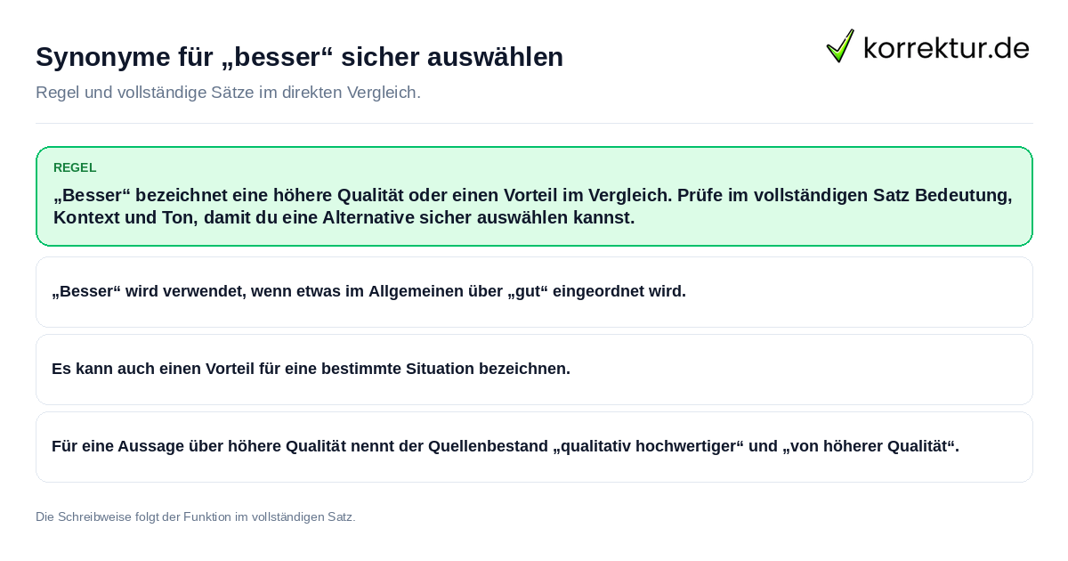 Konkrete Regel und vollständige Beispielsätze zu Synonyme für „besser“ sicher auswählen