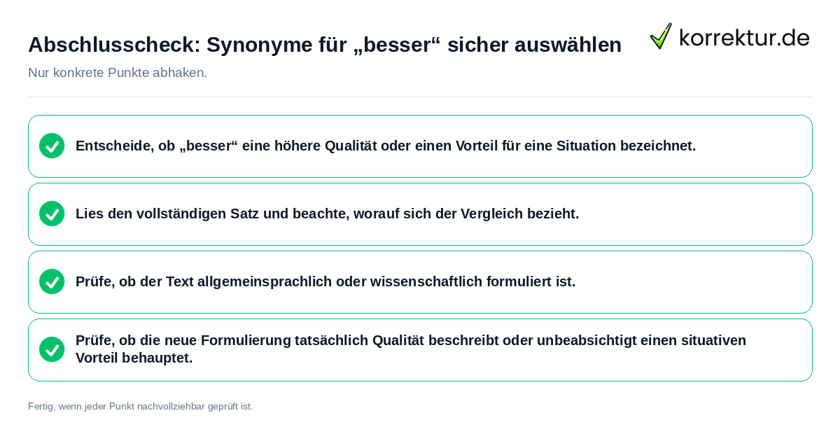 Konkreter Abschlusscheck zu Synonyme für „besser“ sicher auswählen