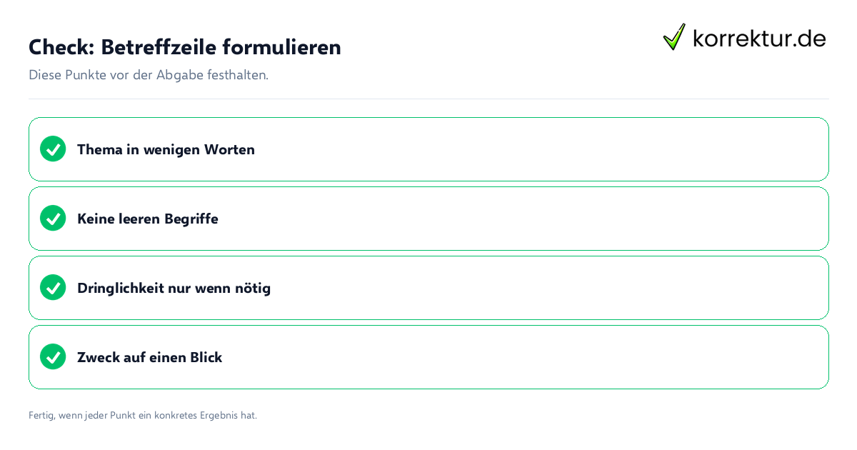 Check: Betreffzeile formulieren Betreffzeile formulieren: Prüfliste mit vier Punkten