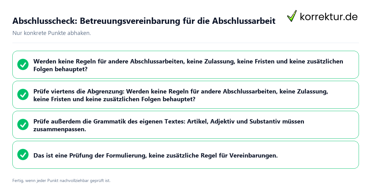 Konkreter Abschlusscheck zu Betreuungsvereinbarung für die Abschlussarbeit