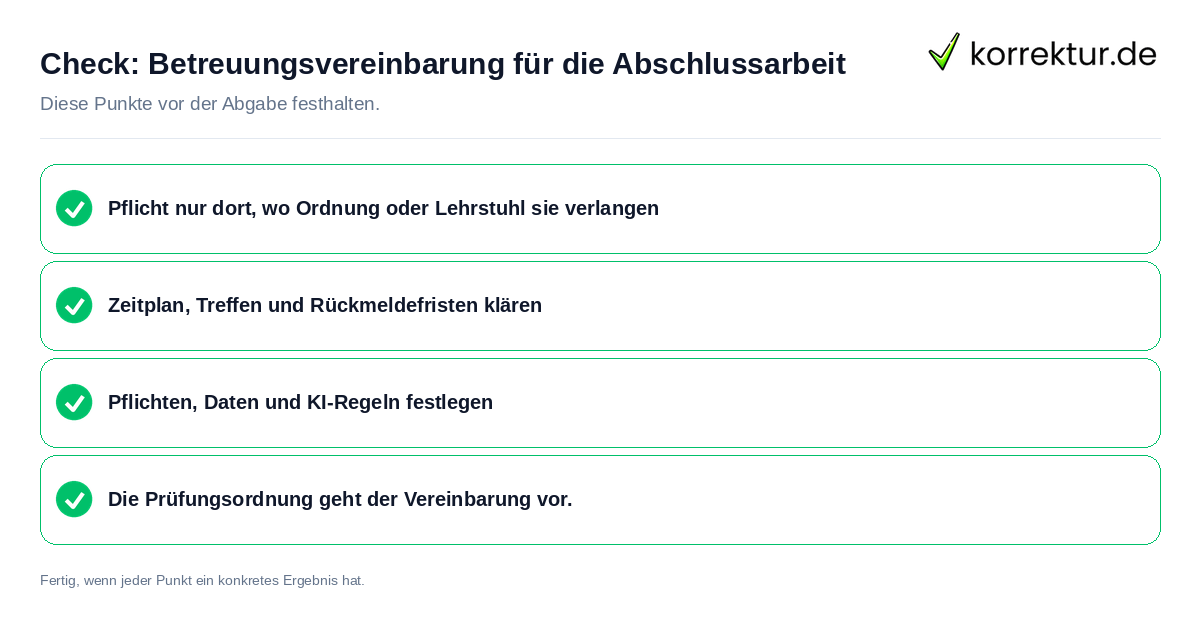 Check: Betreuungsvereinbarung für die Abschlussarbeit Betreuungsvereinbarung für die Abschlussarbeit: Prüfliste mit vier Punkten