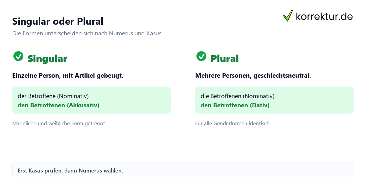 Singular oder Plural Betroffener und Betroffene im Text richtig verwenden: Singular gegen Plural