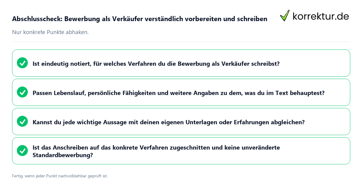 Konkreter Abschlusscheck zu Bewerbung als Verkäufer verständlich vorbereiten und schreiben