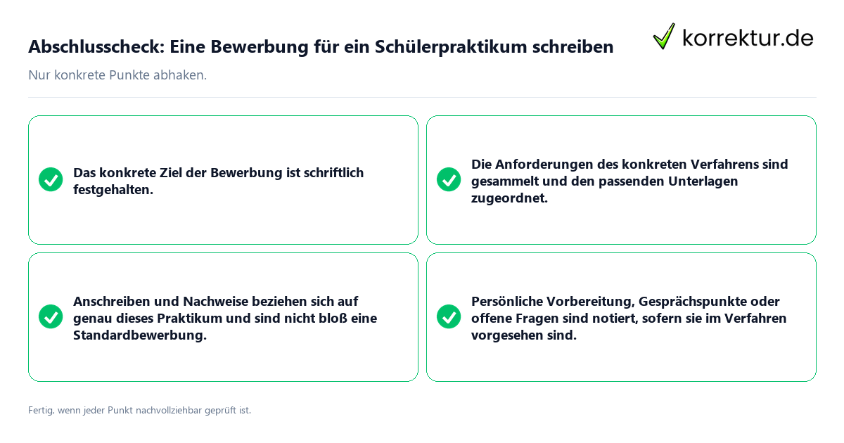 Konkreter Abschlusscheck zu Eine Bewerbung für ein Schülerpraktikum schreiben