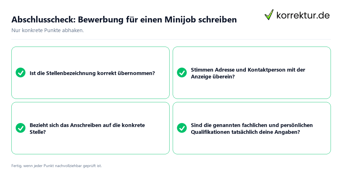 Konkreter Abschlusscheck zu Bewerbung für einen Minijob schreiben