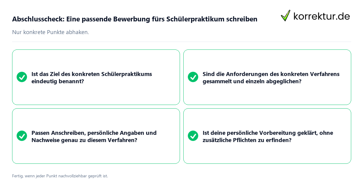 Konkreter Abschlusscheck zu Eine passende Bewerbung fürs Schülerpraktikum schreiben