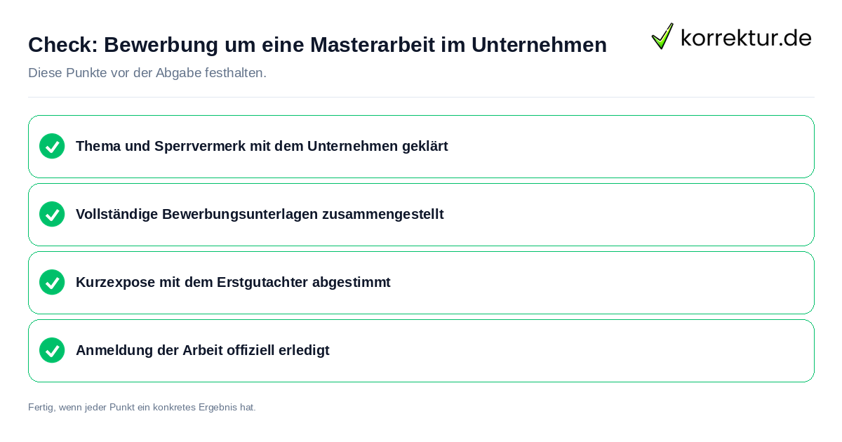 Bewerbung um eine Masterarbeit im Unternehmen: Prüfliste mit vier Punkten