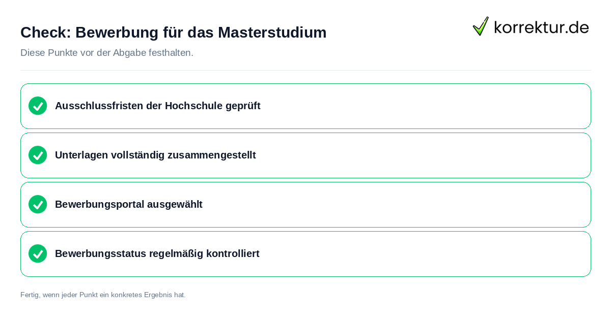 Bewerbung für das Masterstudium: Prüfliste mit vier Punkten