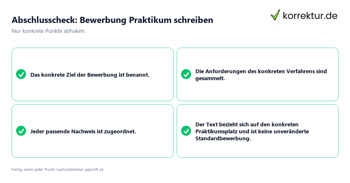 Konkreter Abschlusscheck zu Bewerbung Praktikum schreiben