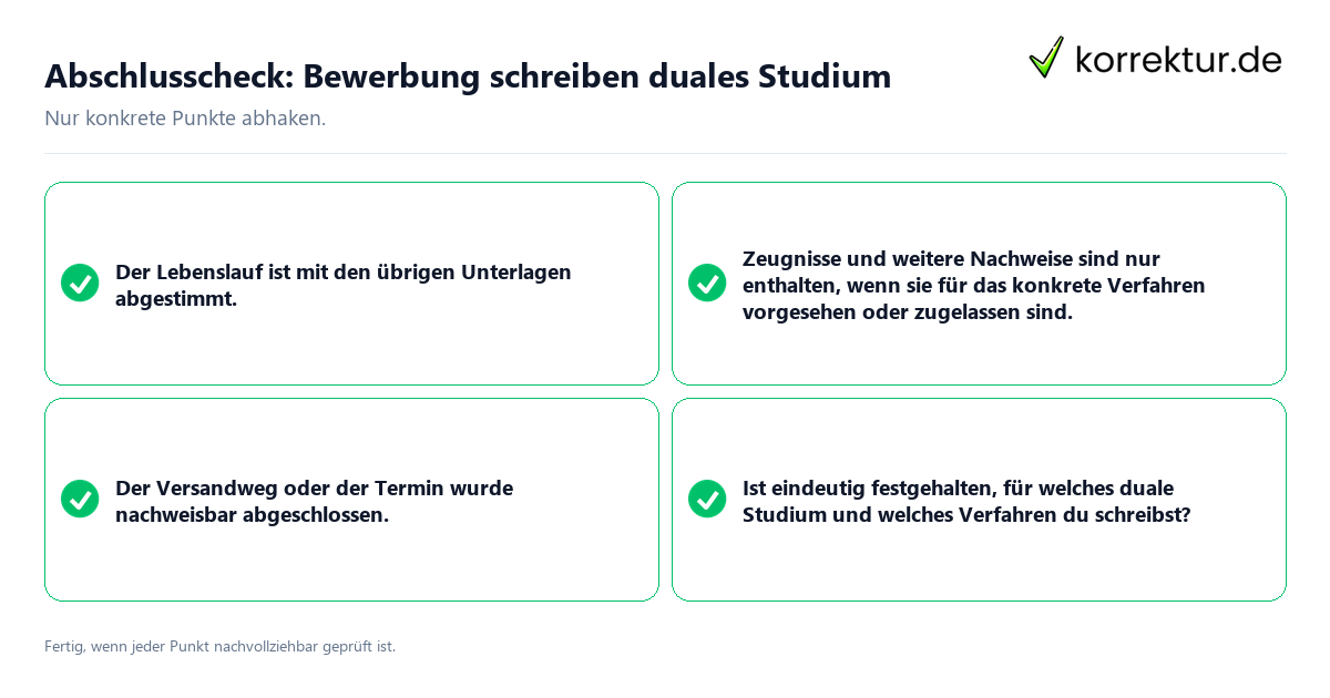 Konkreter Abschlusscheck zu Bewerbung schreiben duales Studium