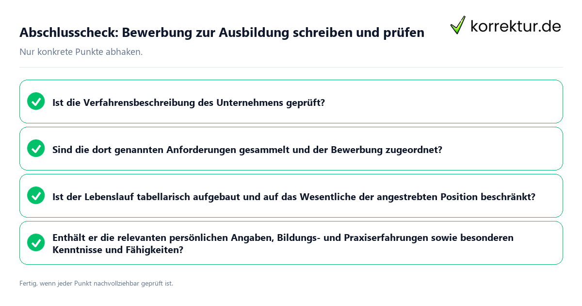 Konkreter Abschlusscheck zu Bewerbung zur Ausbildung schreiben und prüfen
