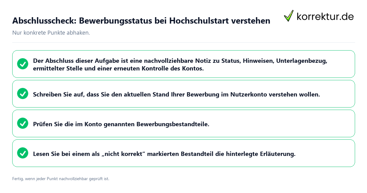Konkreter Abschlusscheck zu Bewerbungsstatus bei Hochschulstart verstehen