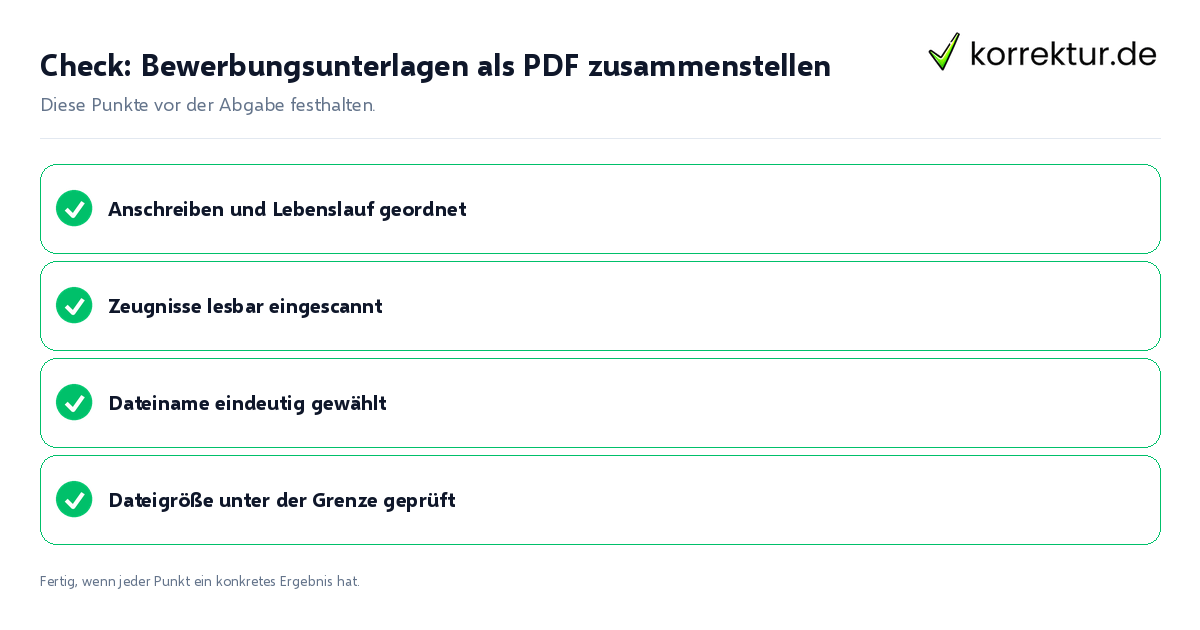 Check: Bewerbungsunterlagen als PDF zusammenstellen Bewerbungsunterlagen als PDF zusammenstellen: Prüfliste mit vier Punkten