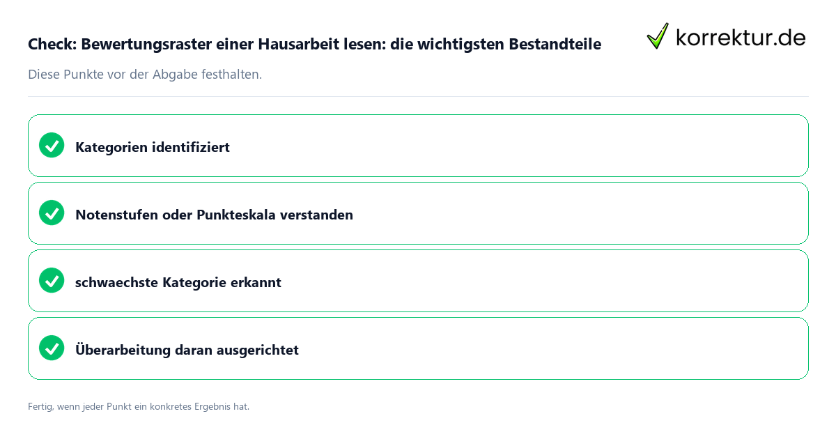 Bewertungsraster einer Hausarbeit lesen: die wichtigsten Bestandteile: Prüfliste mit vier Punkten