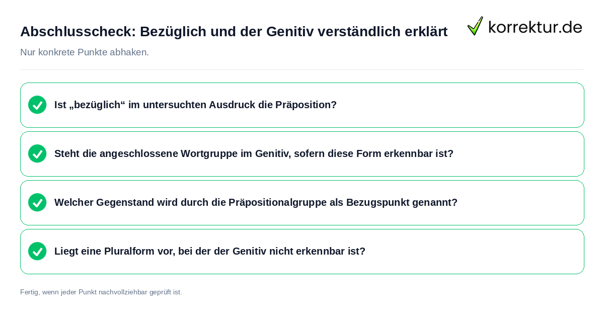 Konkreter Abschlusscheck zu Bezüglich und der Genitiv verständlich erklärt