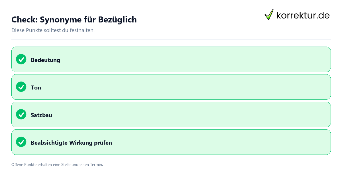 Check: Synonyme für Bezüglich Synonyme für Bezüglich mit Checkliste für Unterlagen und nächste Schritte