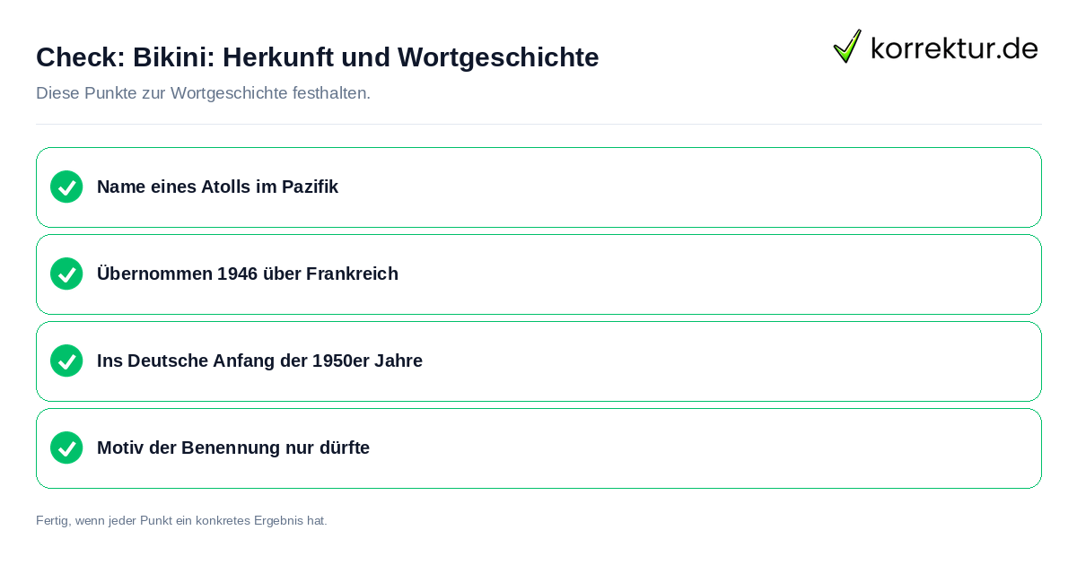 Bikini: Herkunft und Wortgeschichte: Prüfliste mit vier Punkten