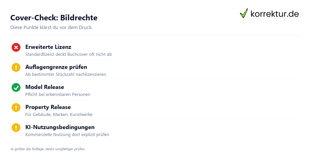 Bildrechte fürs Buchcover: Checkliste Stock-Lizenz, Model Release, KI-Bild