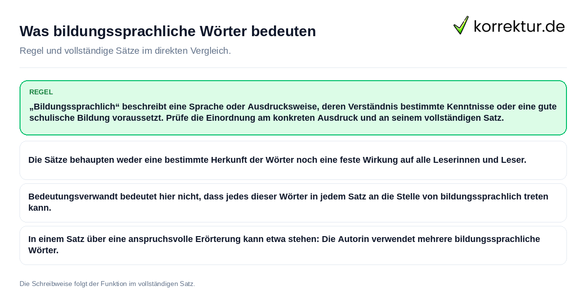 Konkrete Regel und vollständige Beispielsätze zu Was bildungssprachliche Wörter bedeuten